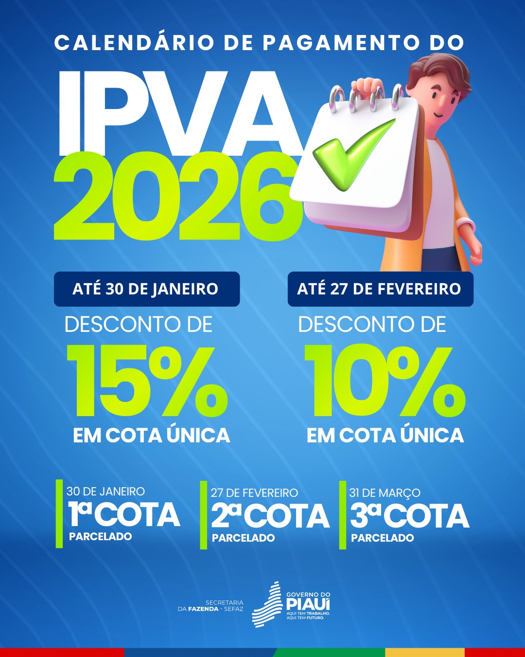IPVA 2026: pagamento à vista até 30 de janeiro garante 15% de desconto aos piauienses