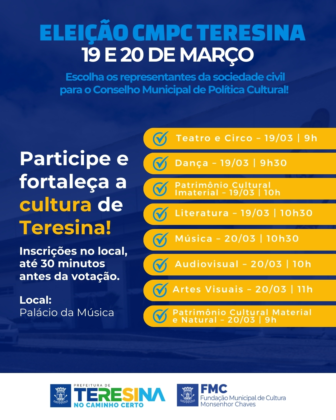 Aberta a eleição para representantes da sociedade civil no Conselho Municipal de Política Cultural de Teresina