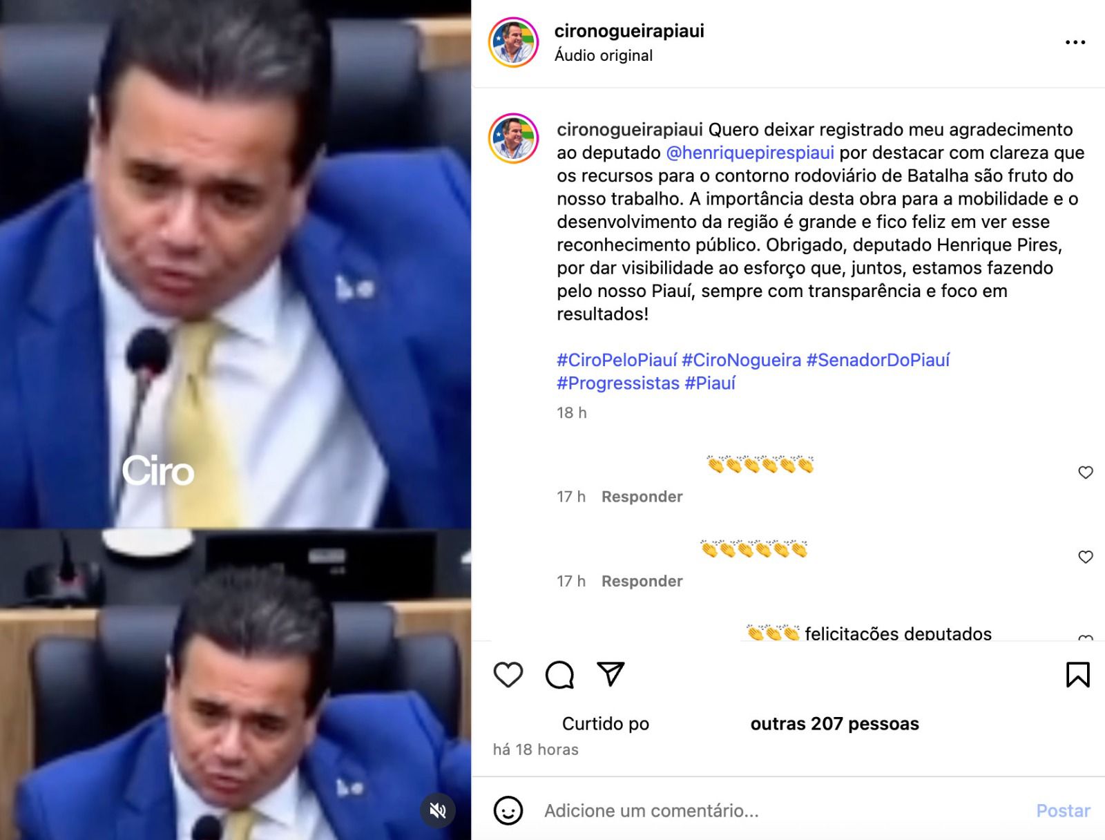Ciro Nogueira agradece deputado Henrique Pires após corrigir Georgiano sobre retomada de obra em Batalha