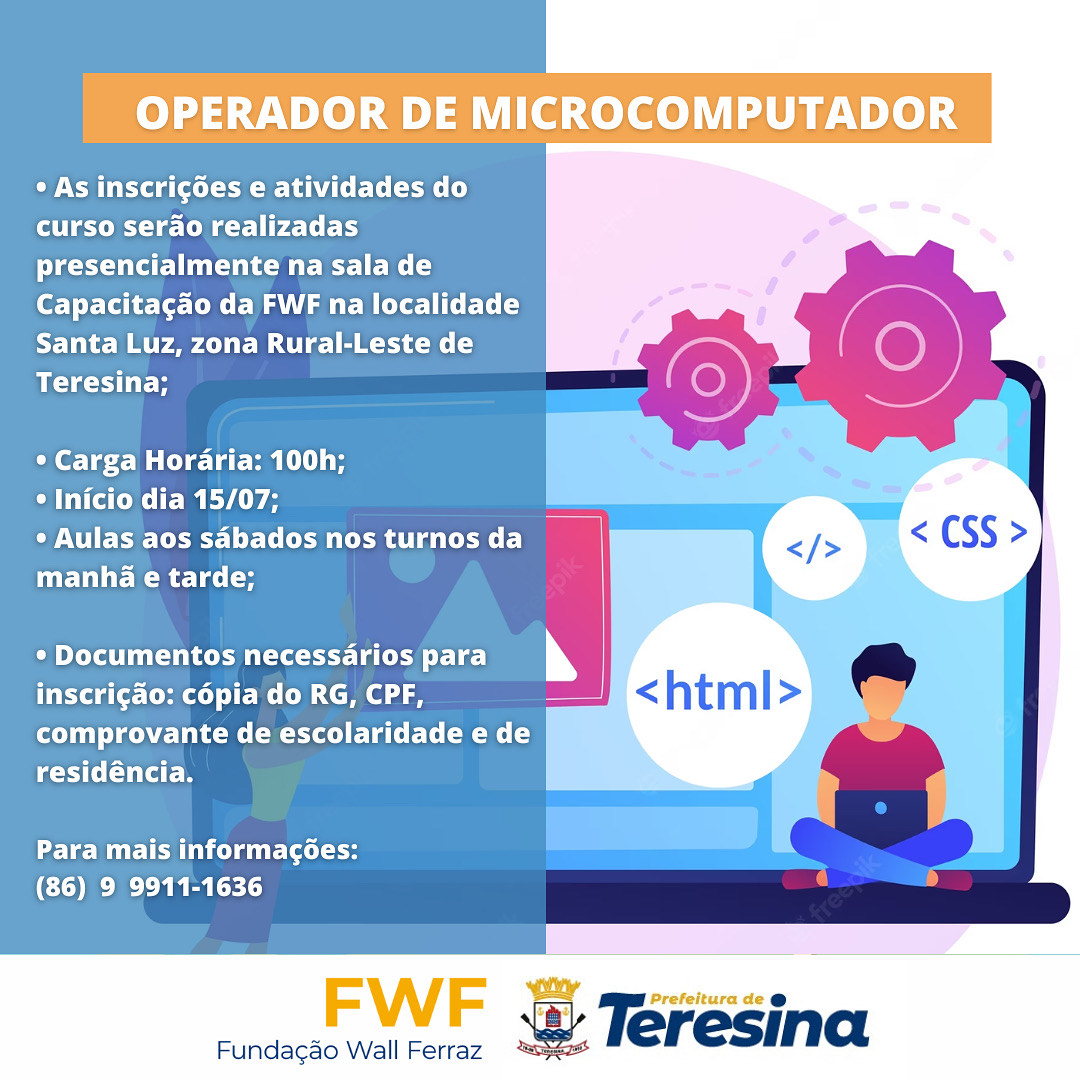 FWF abre vagas para turma do curso de “Operador de Microcomputador” no povoado Santa Luz