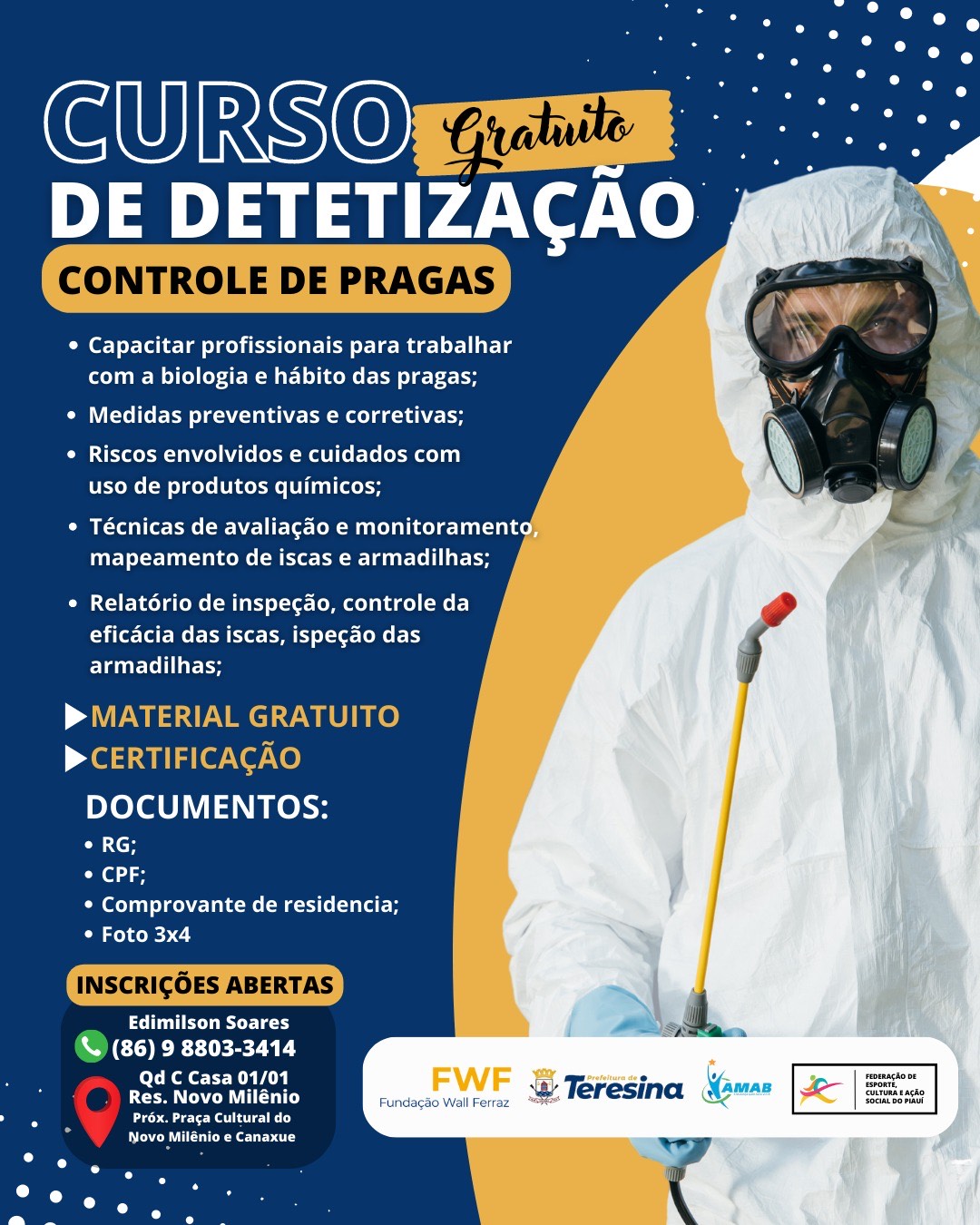 FWF abre inscrições para curso de Dedetização e Controle de Pragas na zona Sudeste de Teresina